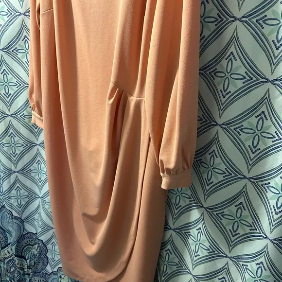 Eloquii Soft Coral Long Sleeve Dress with Ruching, Long Bell Sleeves EUC - Picture 3 of 8